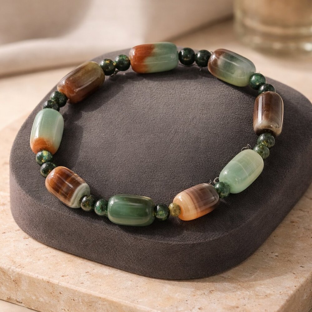 Natural Agate Gemstone Beaded Bracelet In Green‎ and Tan - New